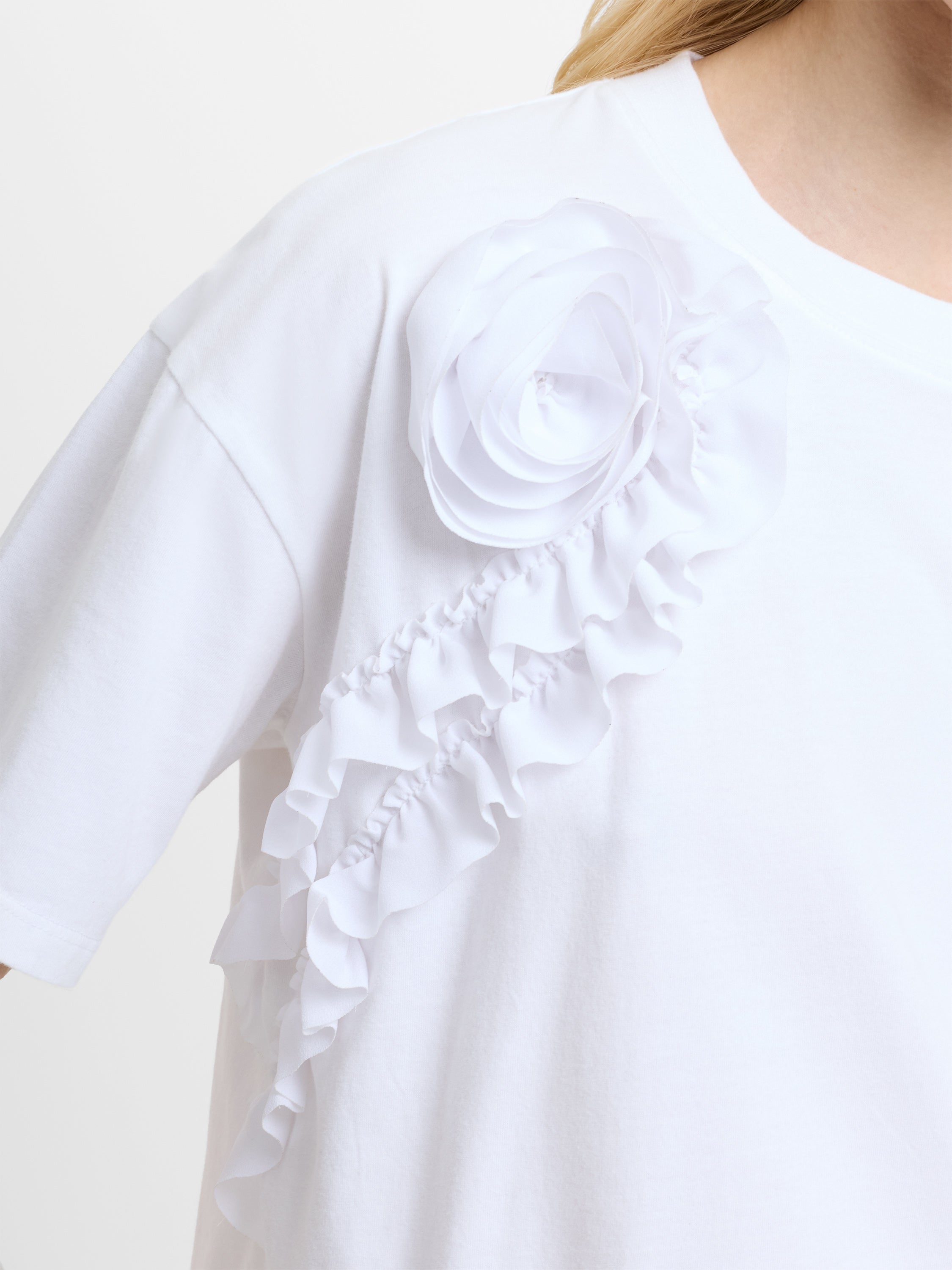 Cotton Crepe Ruffle Floral White T-Shirt