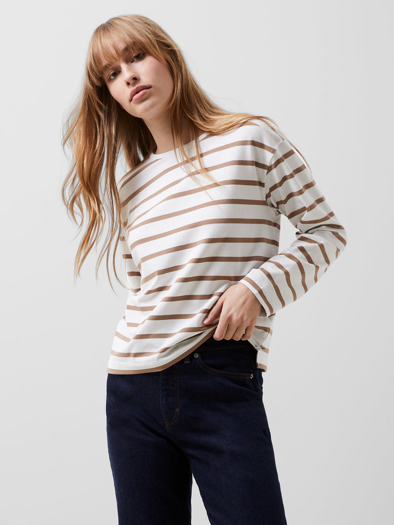 Rallie Stripe Slash Neck Top Stripe S White/Camel | French Connection UK