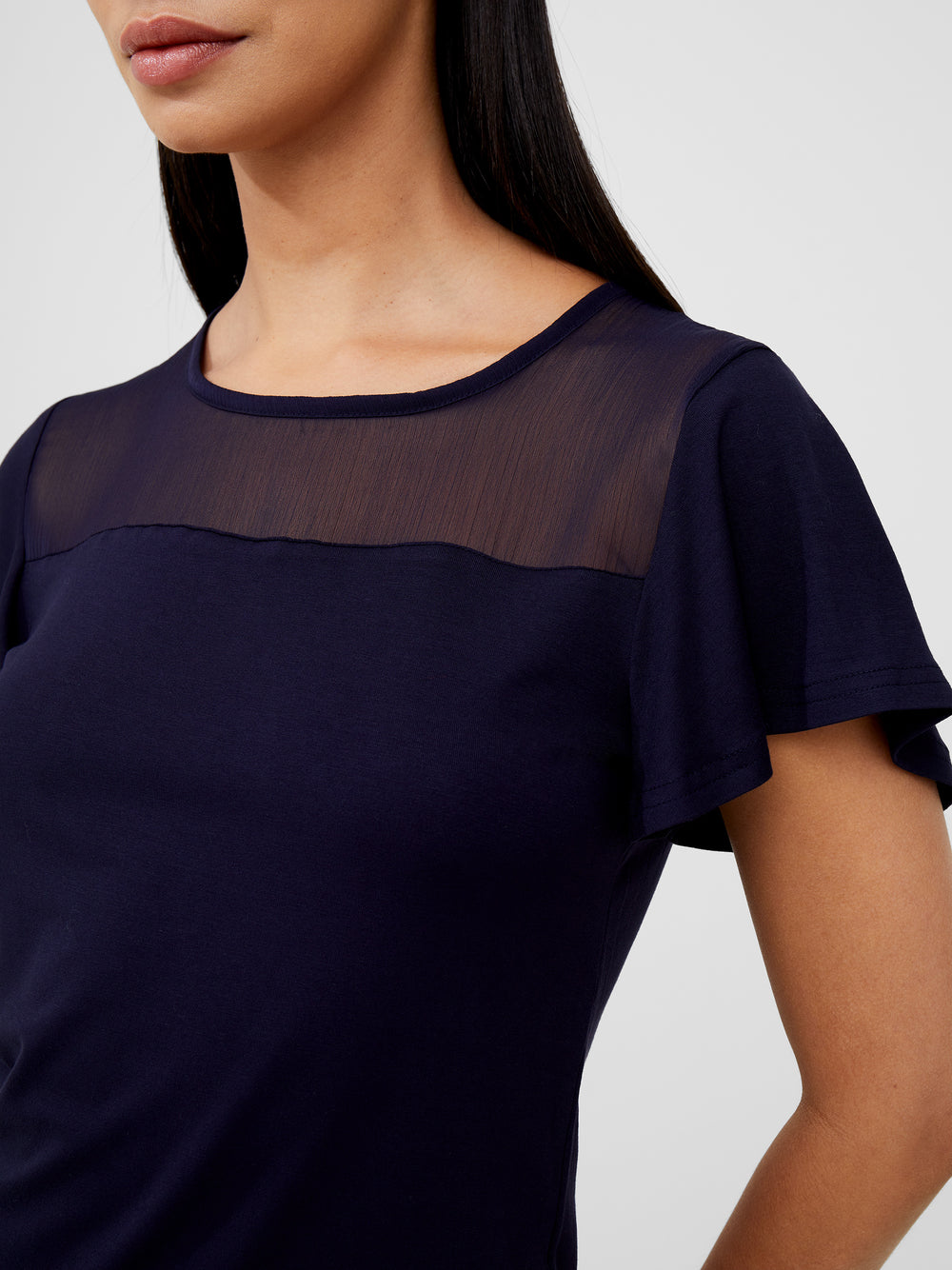 Sheer Panel Angel Sleeve Top Dark Navy | French Connection UK