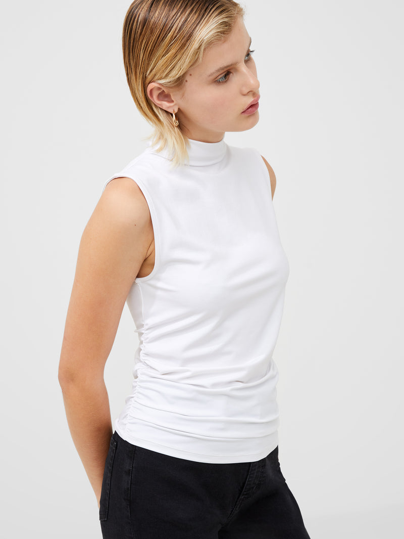 Ruched Mock Neck Sleeveless Top Linen White