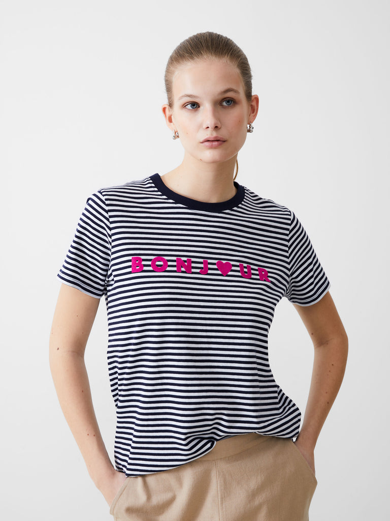 Bonjour Stripe Graphic T-Shirt Dark Navy/White/Wild Rosa | French ...