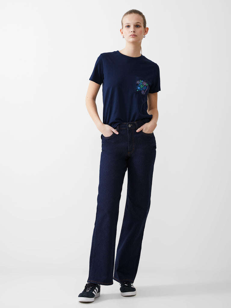 French Connection Flower Embroidered Pocket TShirt Dark Navy French Connection UK