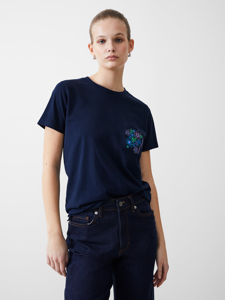 French Connection Flower Embroidered Pocket T-Shirt Dark Navy | French ...
