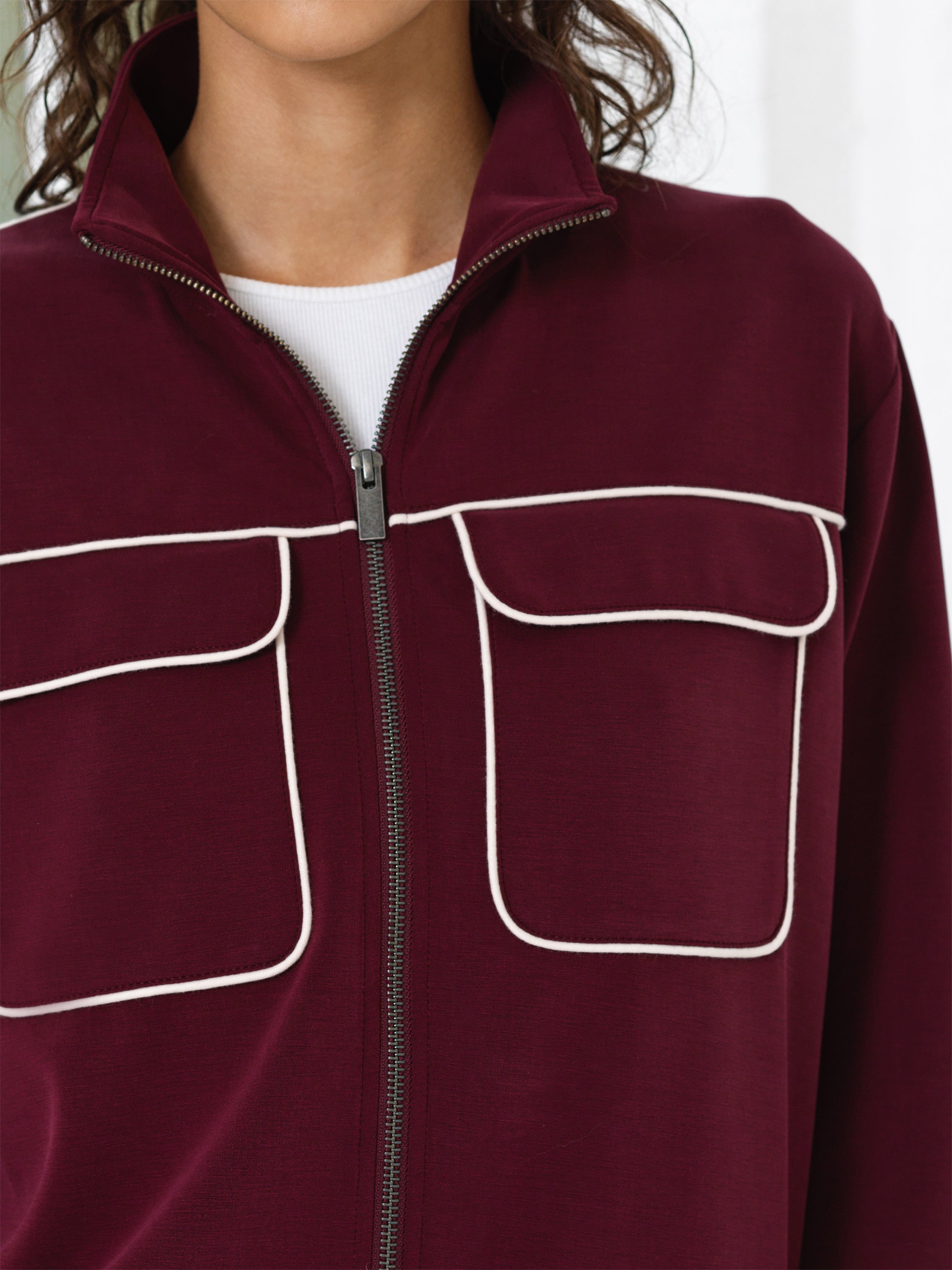 Wren Jersey Zip Up Piping Long Sleeve Sweatshirt Berry Red