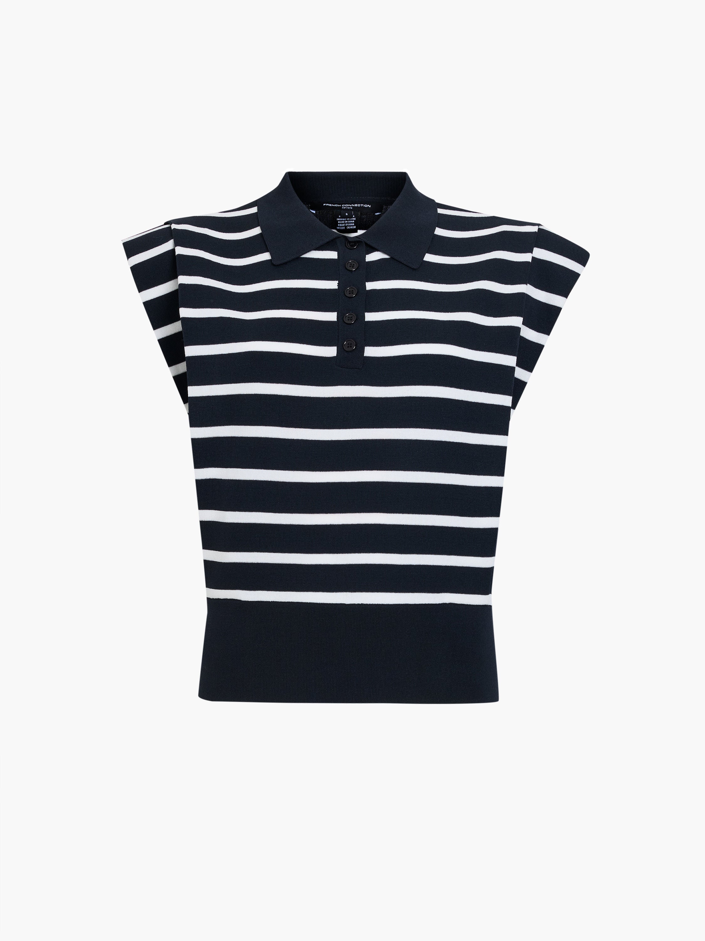 Kea Striped Collared Shoulder Pad Navy Blue Knit Vest
