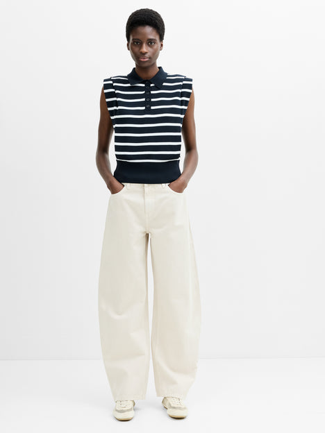 Kea Striped Collared Shoulder Pad Navy Blue Knit Vest