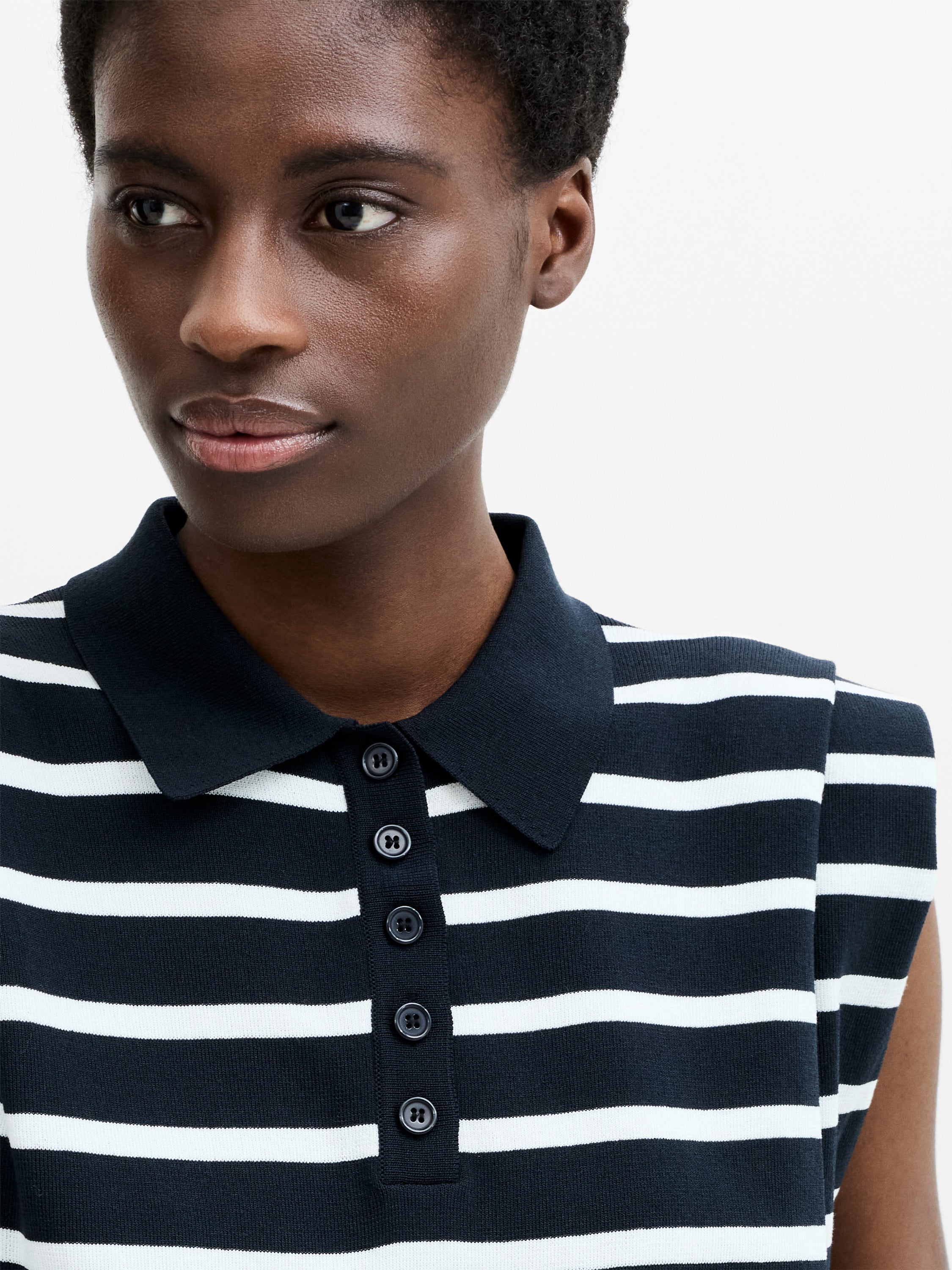 Kea Striped Collared Shoulder Pad Navy Blue Knit Vest