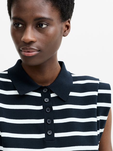 Kea Striped Collared Shoulder Pad Navy Blue Knit Vest