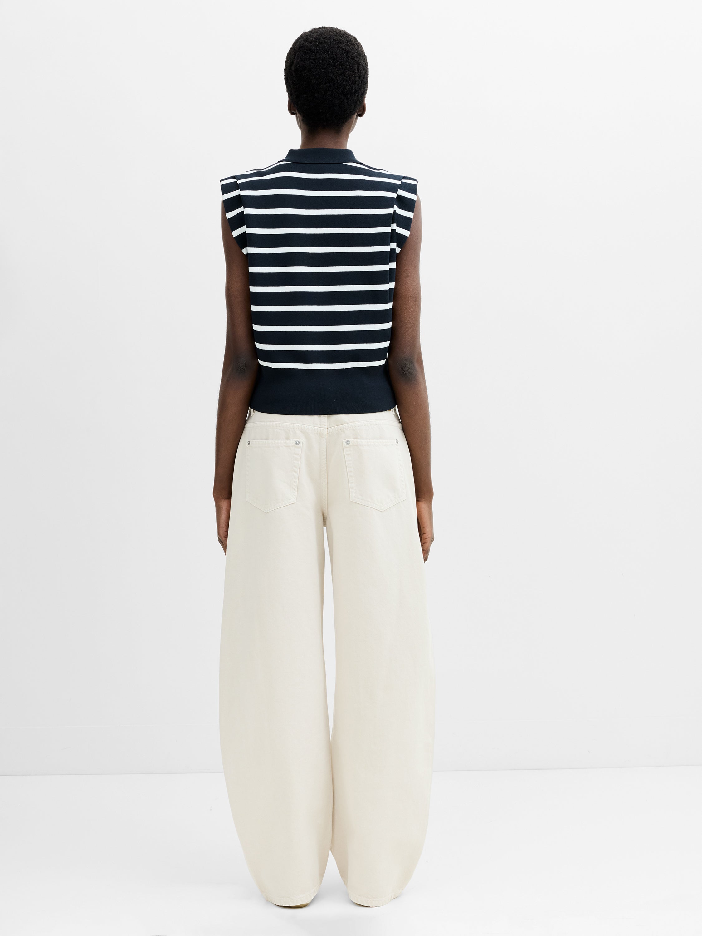 Kea Striped Collared Shoulder Pad Navy Blue Knit Vest