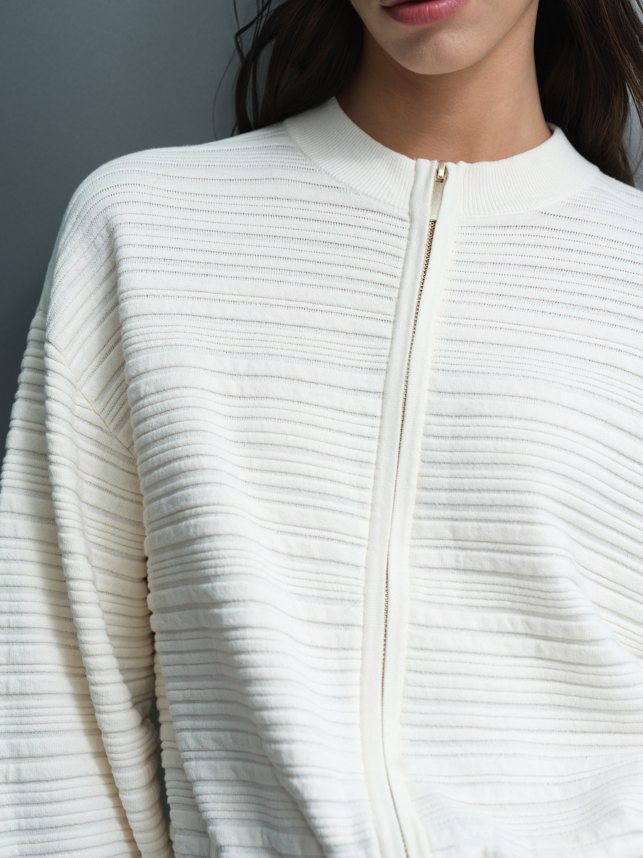 Mayim Ribbed Knit Zip Cream Cardigan