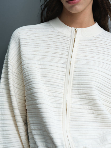 Mayim Ribbed Knit Zip Cream Cardigan