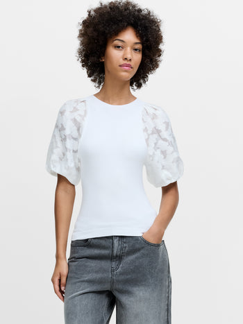 Krista Sheer Jacquard Puff Sleeve White Knit Top