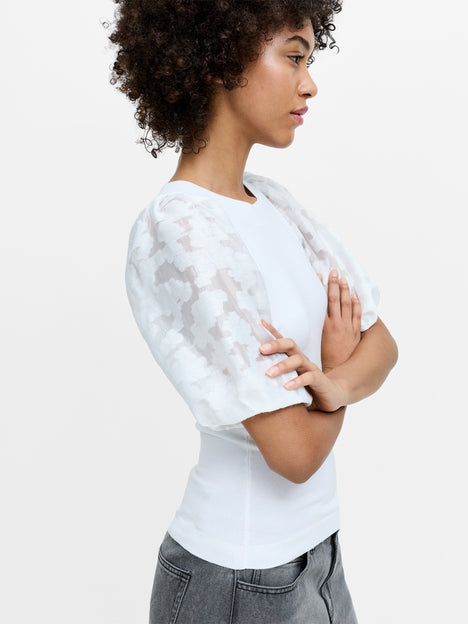 Krista Sheer Jacquard Puff Sleeve White Knit Top