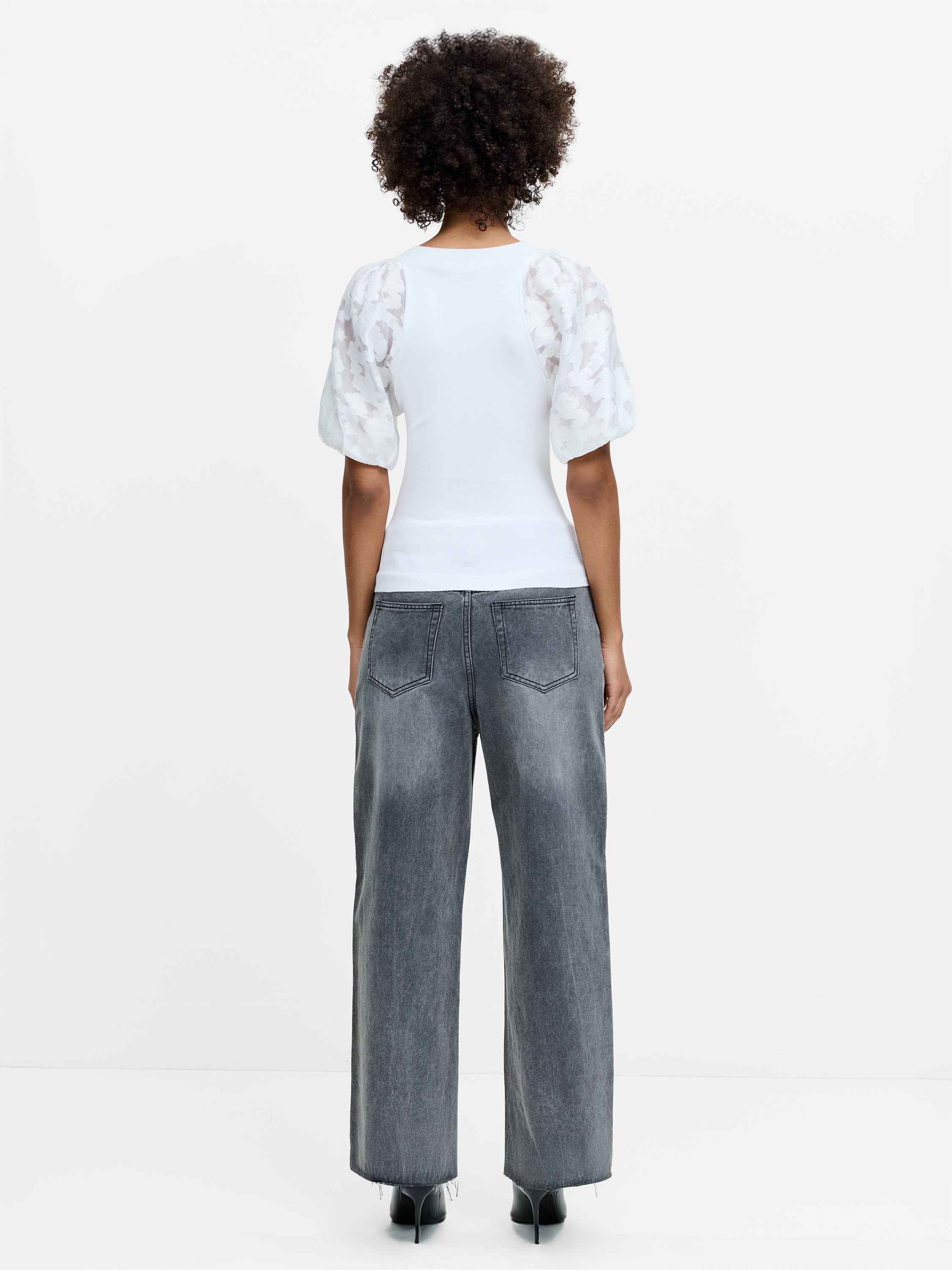Krista Sheer Jacquard Puff Sleeve White Knit Top