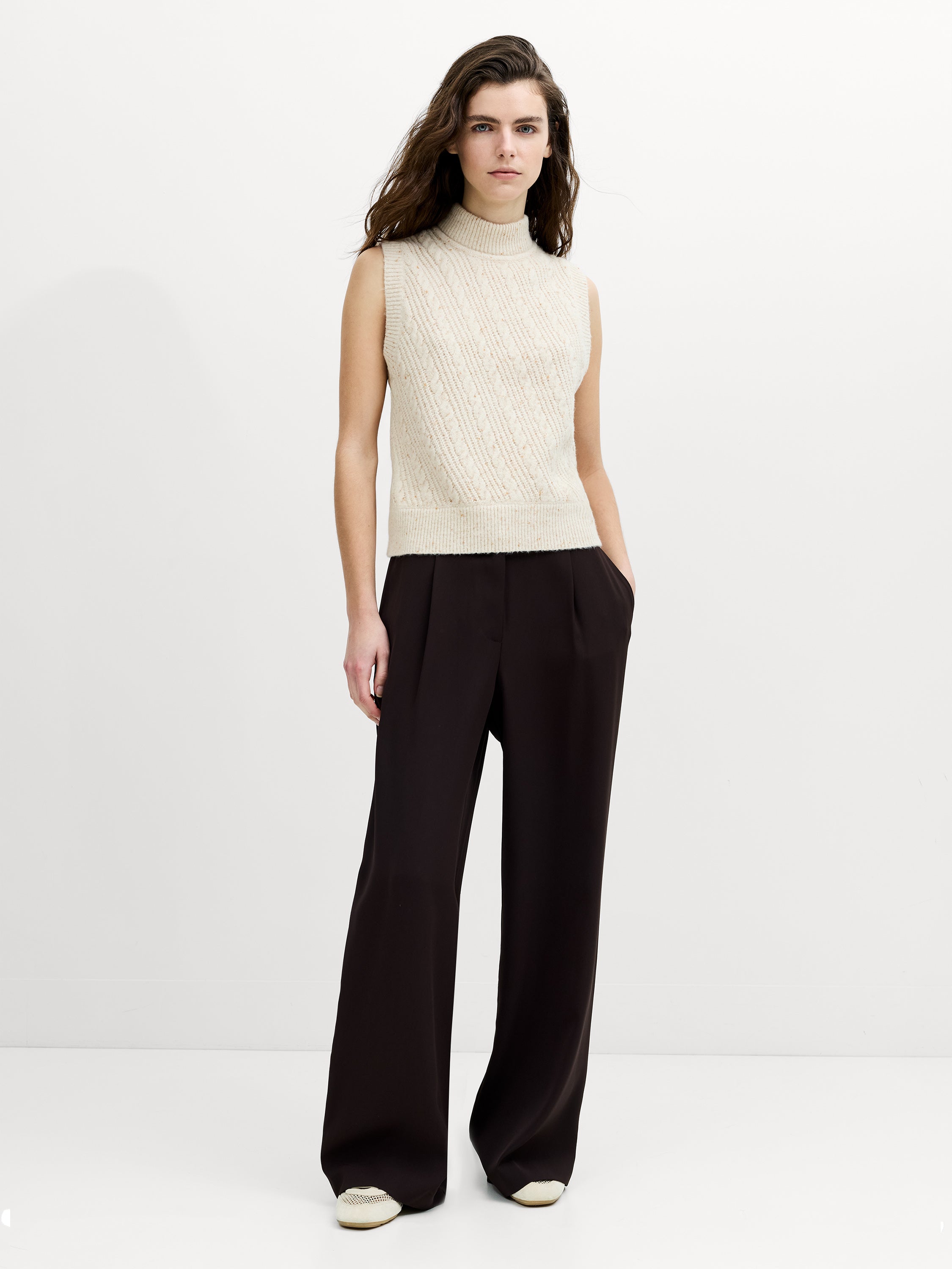 Charlene Ecru Cable Knit Mock Neck Vest