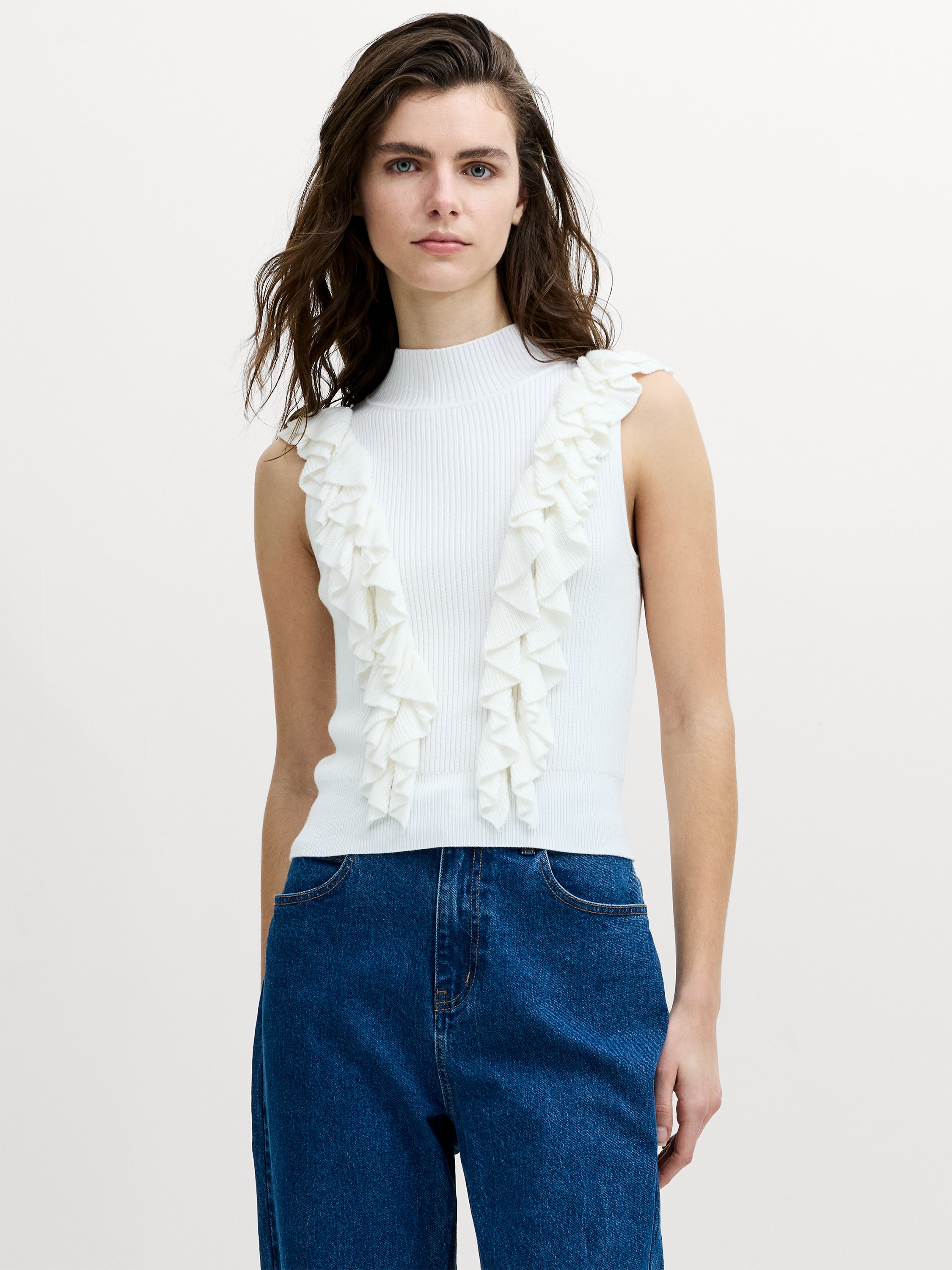 Lia White Sleeveless Ruffled Knit Top