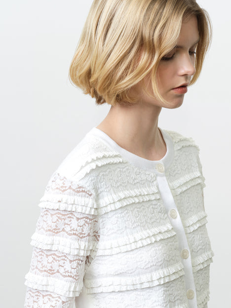 Krista Lace Mix Button-Up White Cardigan