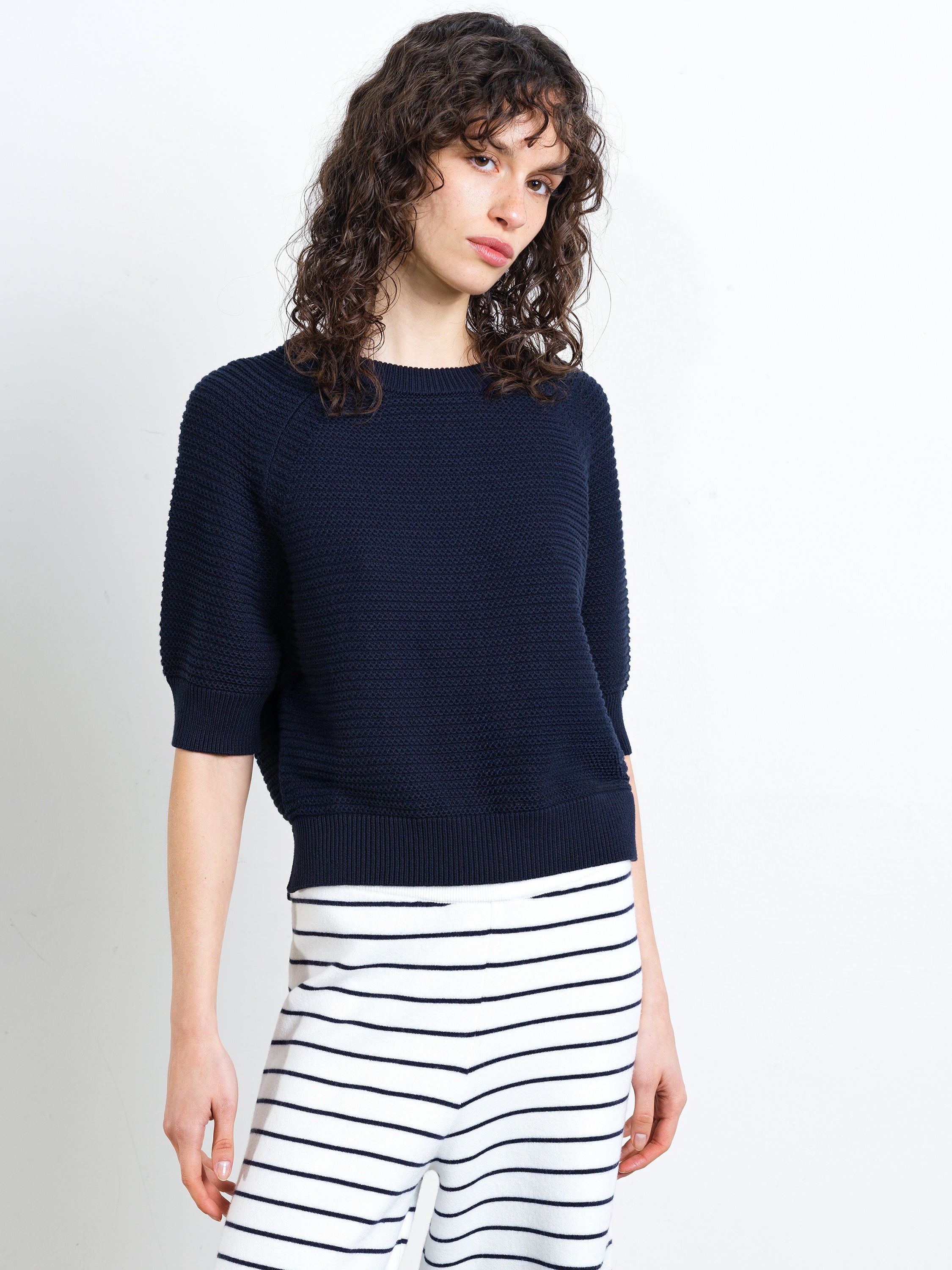 【Lily♡】 Lily Mozart Pearl Knit Short Sleeve Jumper New Navy Blue | French