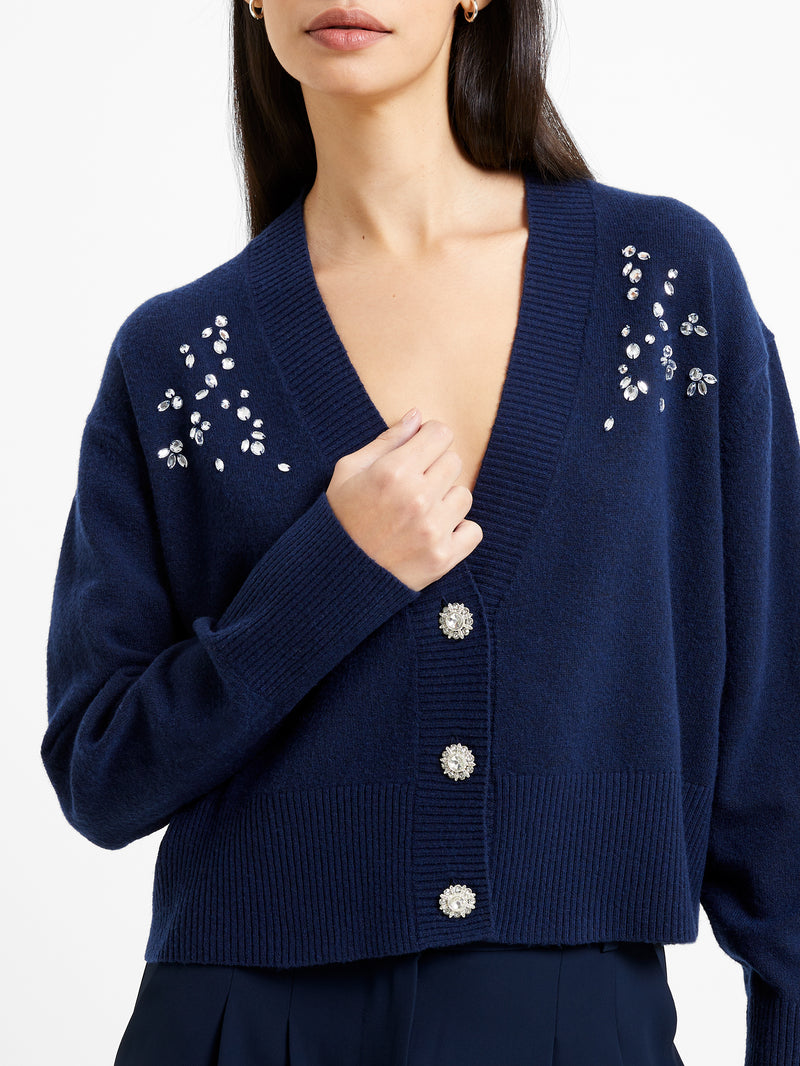 Vhari Recycled Diamante Embroidered Cardigan Indigo | French Connection UK