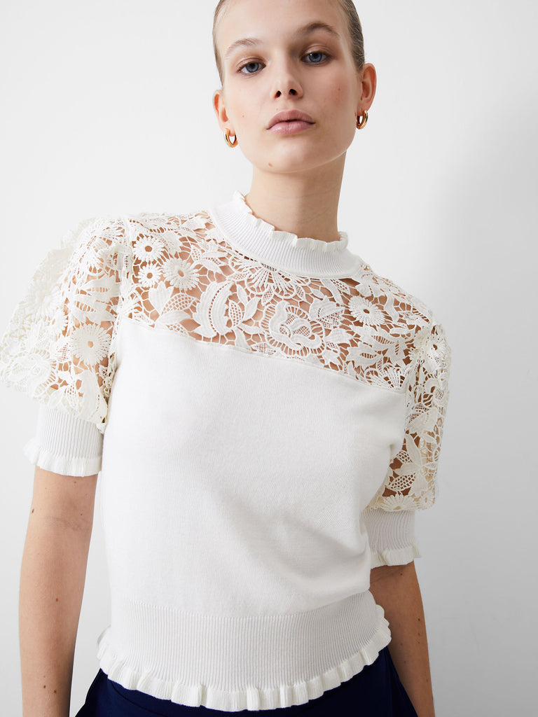 Crochet Lace Mix Knit Top White | French Connection UK