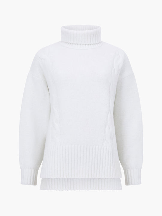 Funnel Neck Stepped Hem Cable Knit Jumper