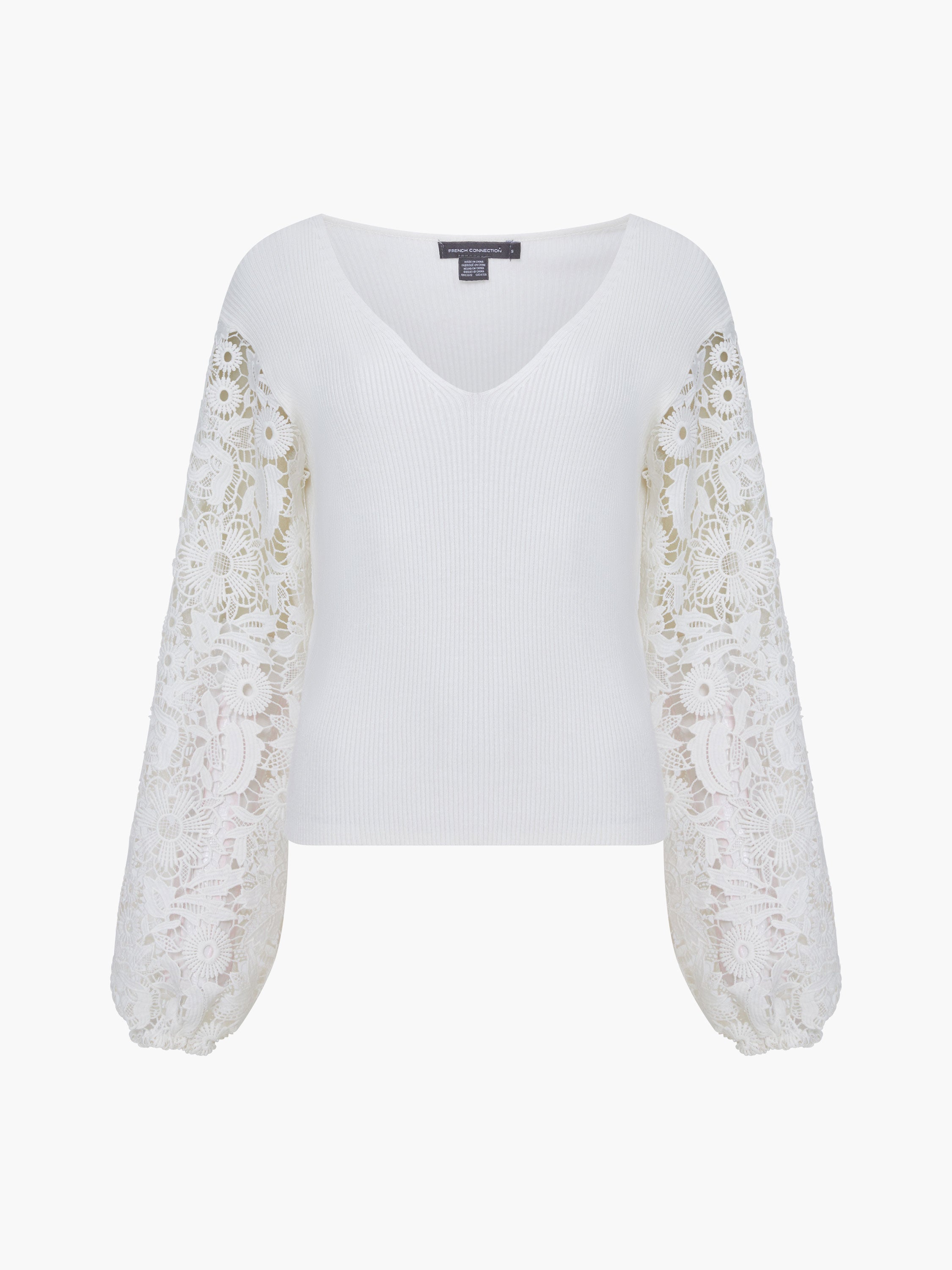 Ribbed V-Neck Lace Sleeve Jumper
