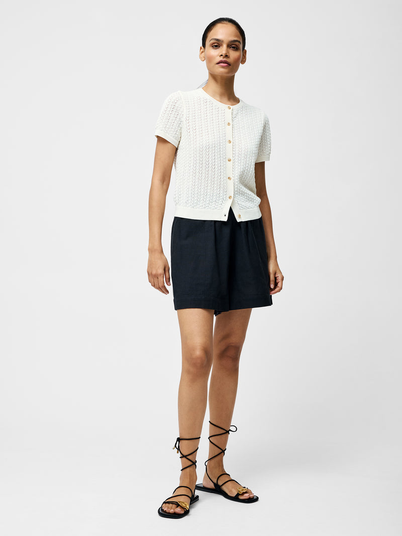 Cotton Blend Pointelle Short Sleeve Cardigan
