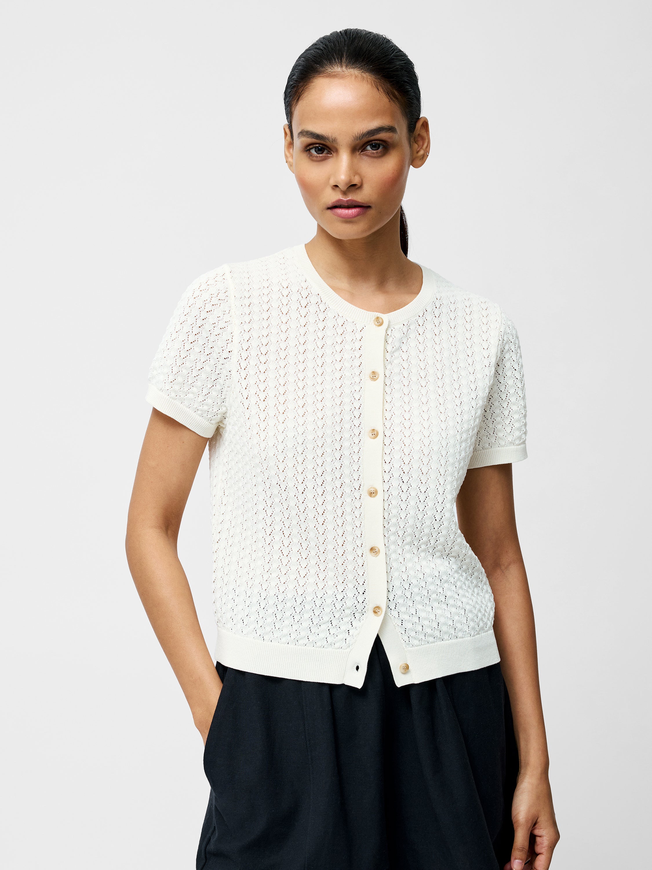 Cotton Blend Pointelle Short Sleeve Cardigan