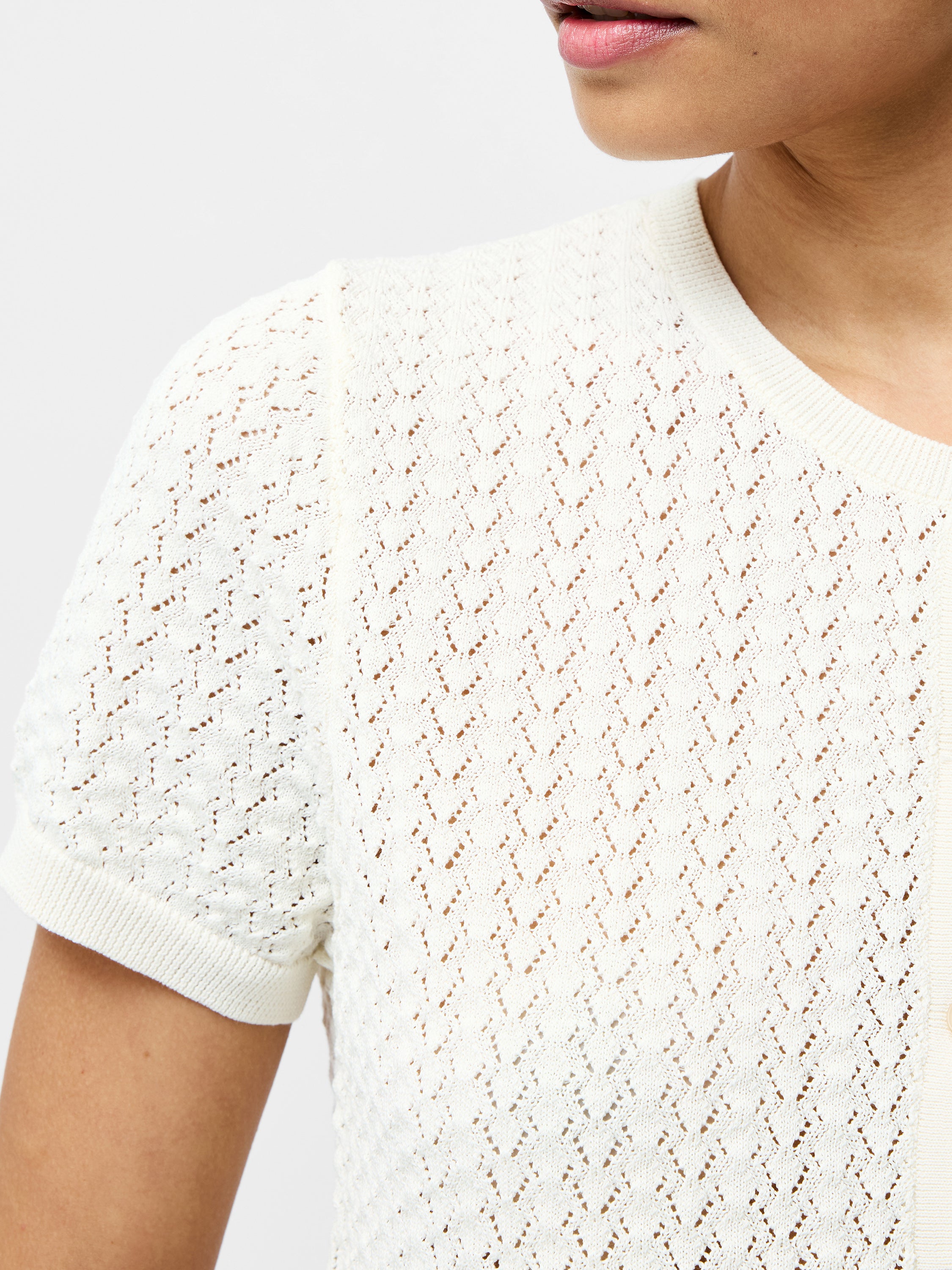 Cotton Blend Pointelle Short Sleeve Cardigan