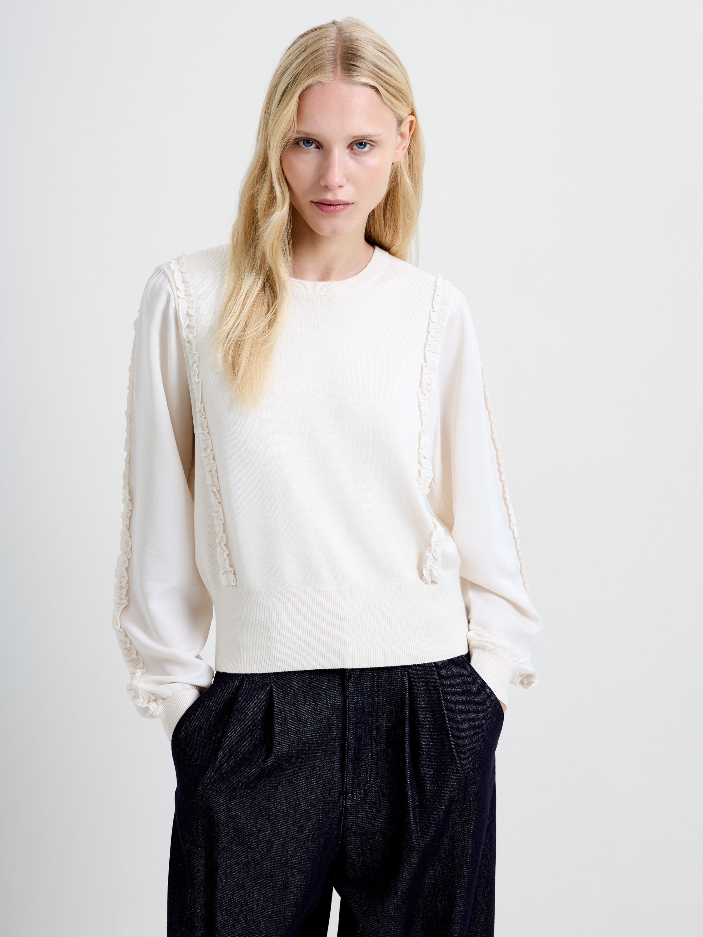 Krista Mix Ruffle Sleeves Jumper Porcelain Cream | French