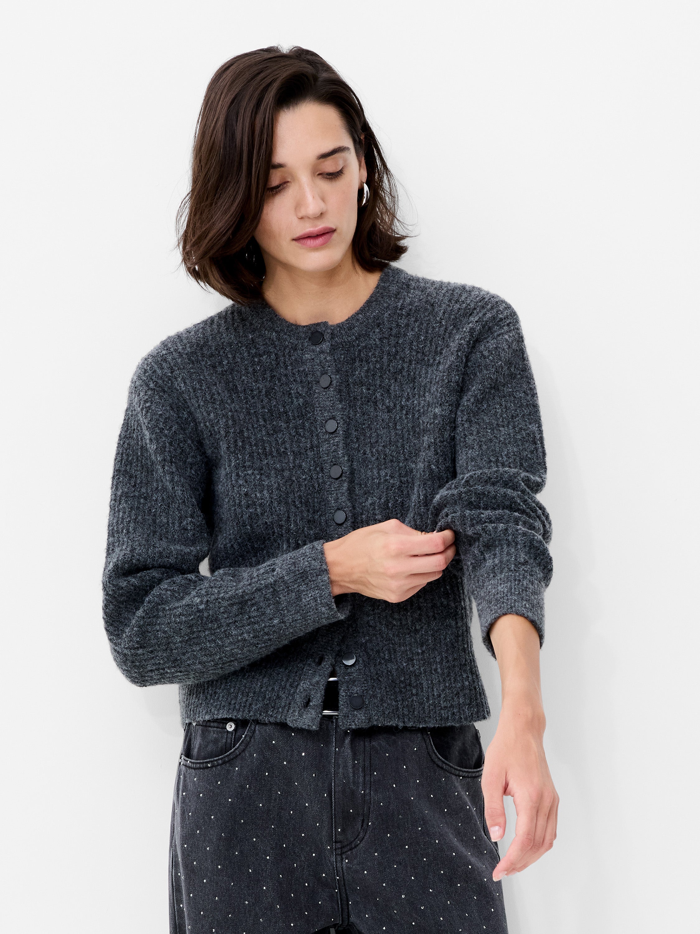 Kezia Recycled Knit Long Sleeve Cardigan Graphite Mel | French