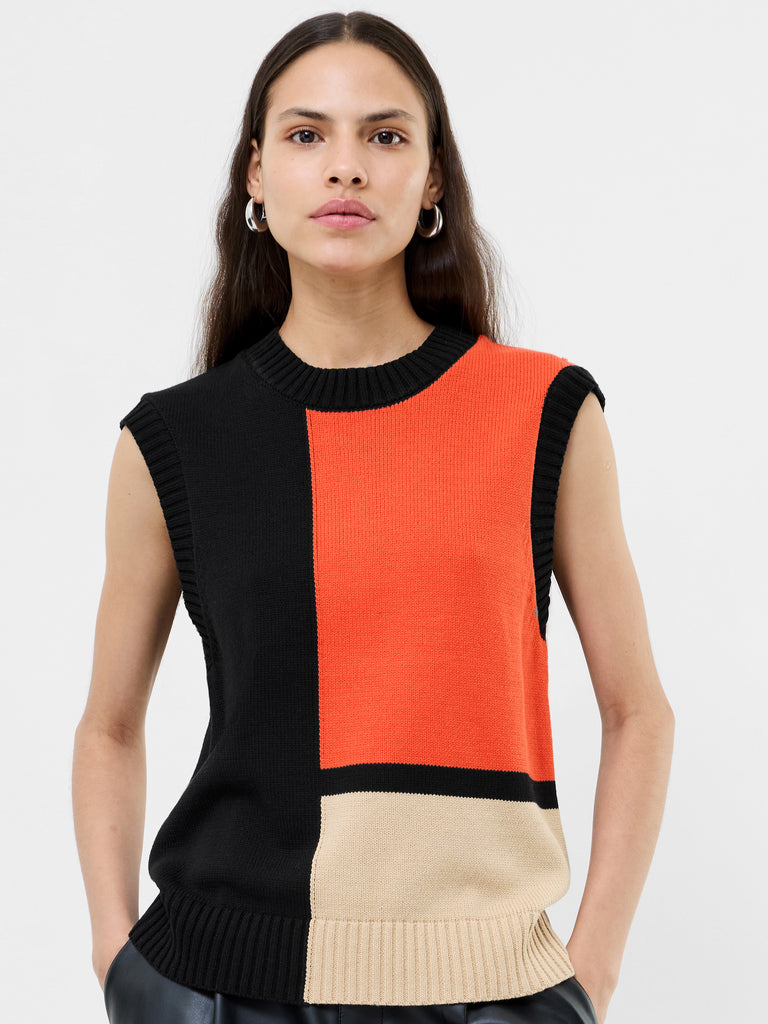 Varli Colour Blocking Knit Vest Black Flame Orange Camel | French