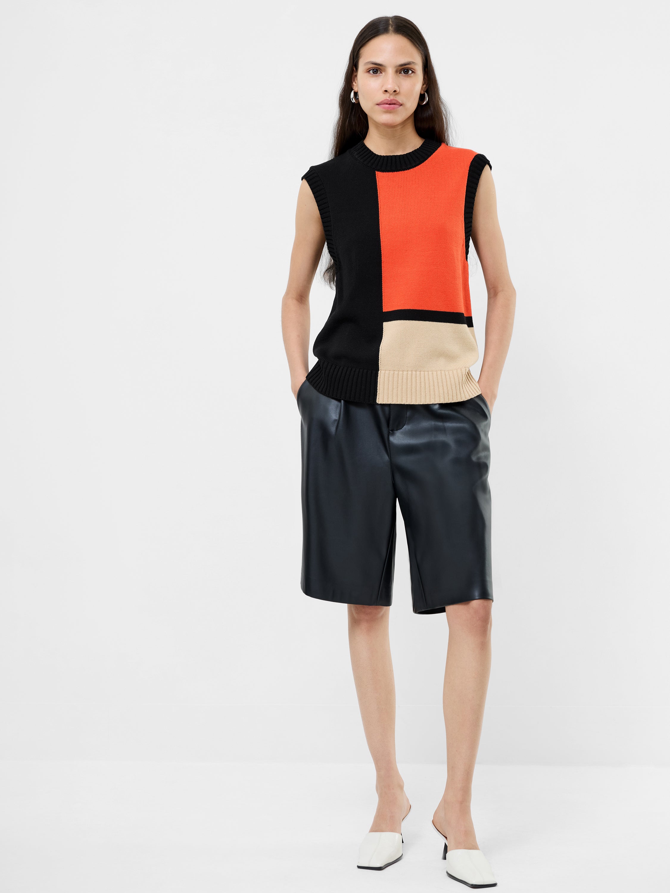 Varli Colour Blocking Knit Vest Black Flame Orange Camel | French
