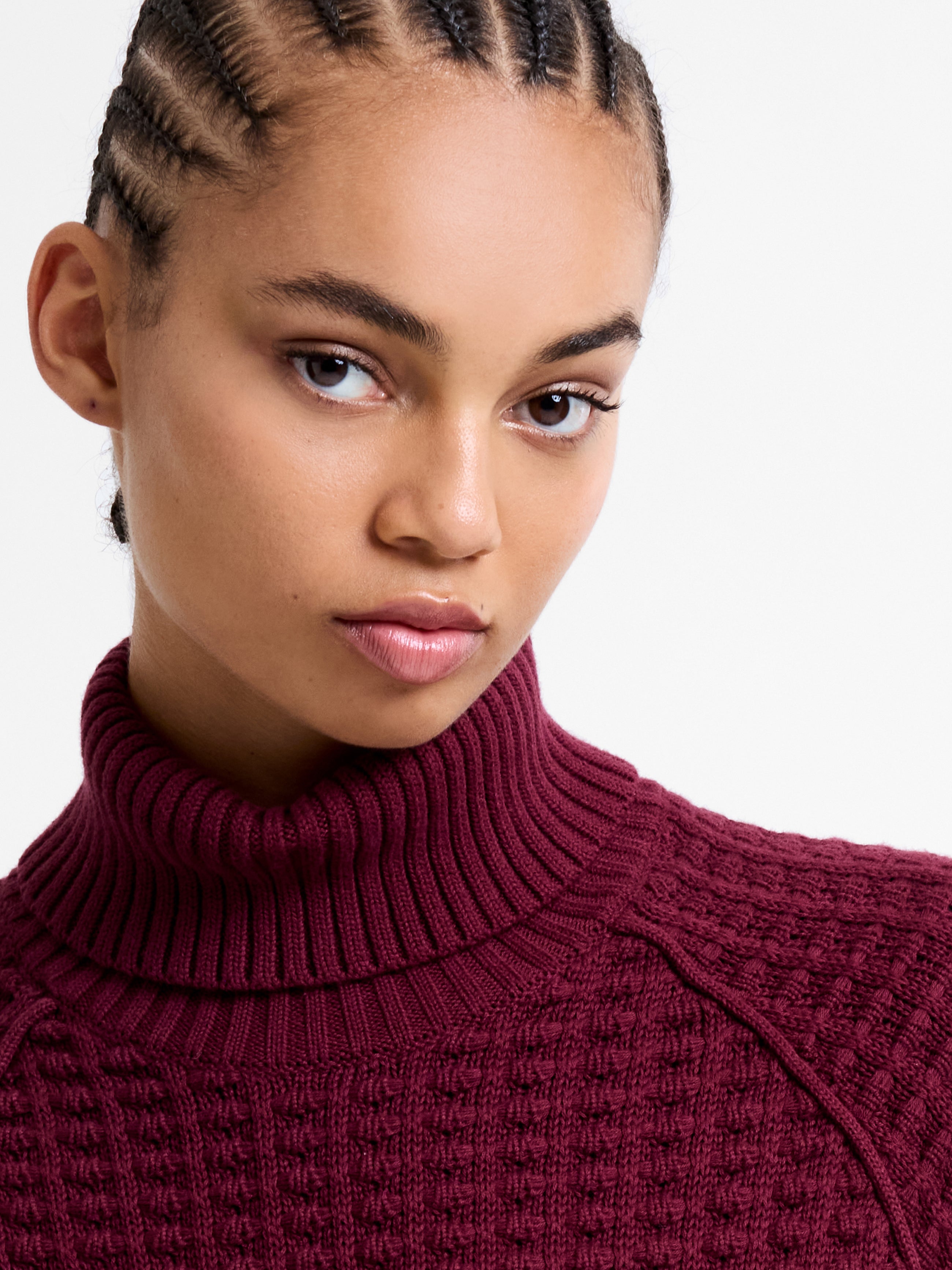 Keya Popcorn Knit Rollneck Jumper Bordeaux Red | French Connection UK