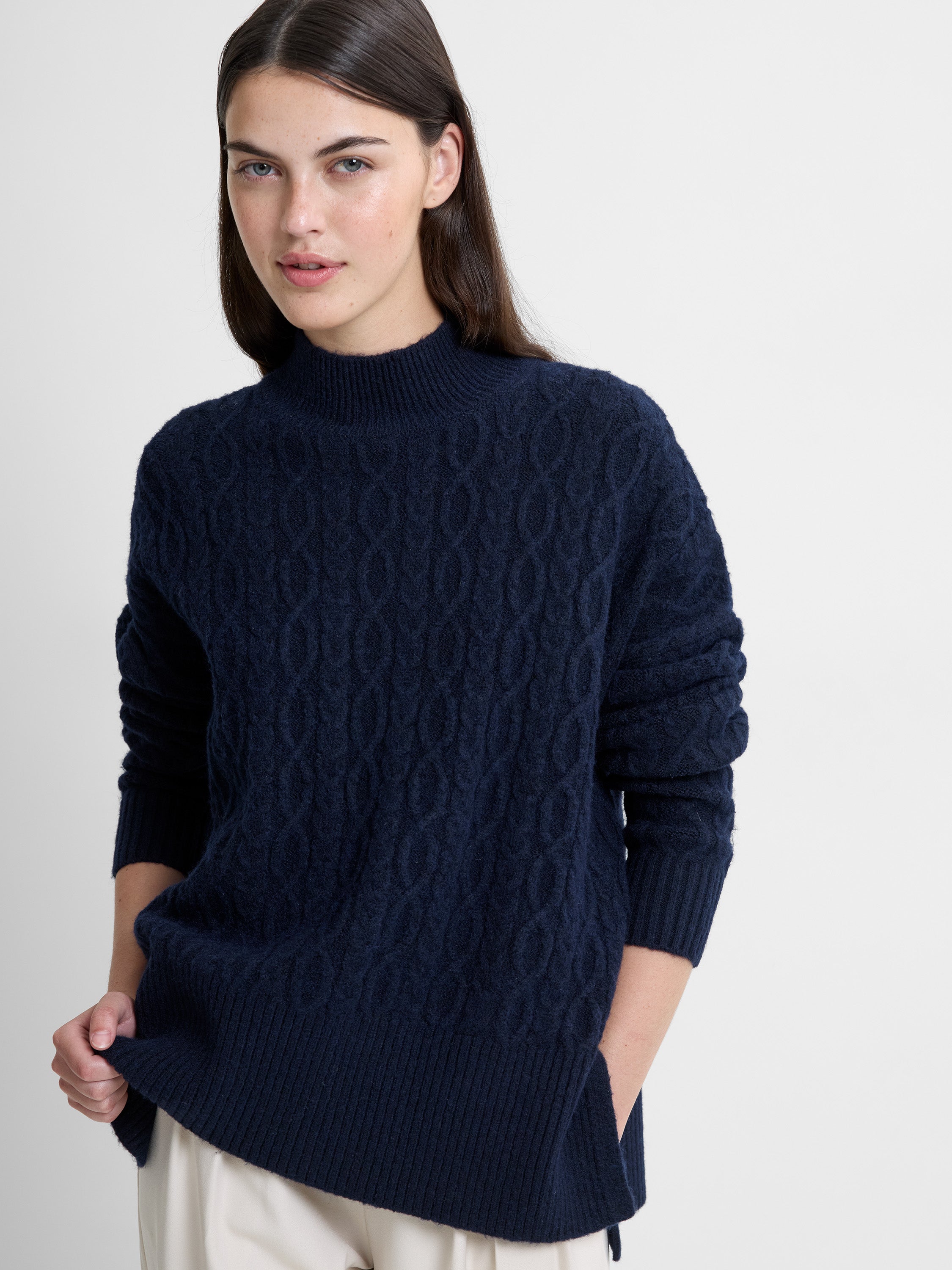 Tina Cable Knit Side Split Jumper Navy Blue | French Connection UK