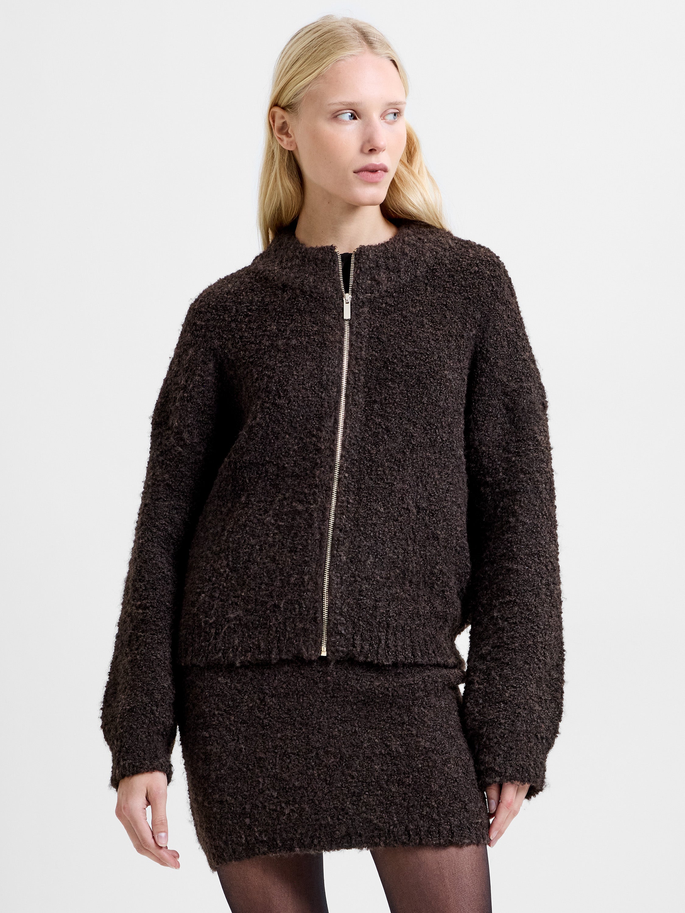 Renee Boucle Zip Through Cardigan Bitter Chocolate Brown | French