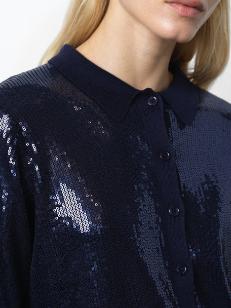 Hannah Knit Sequin Long Sleeve Button Through Top