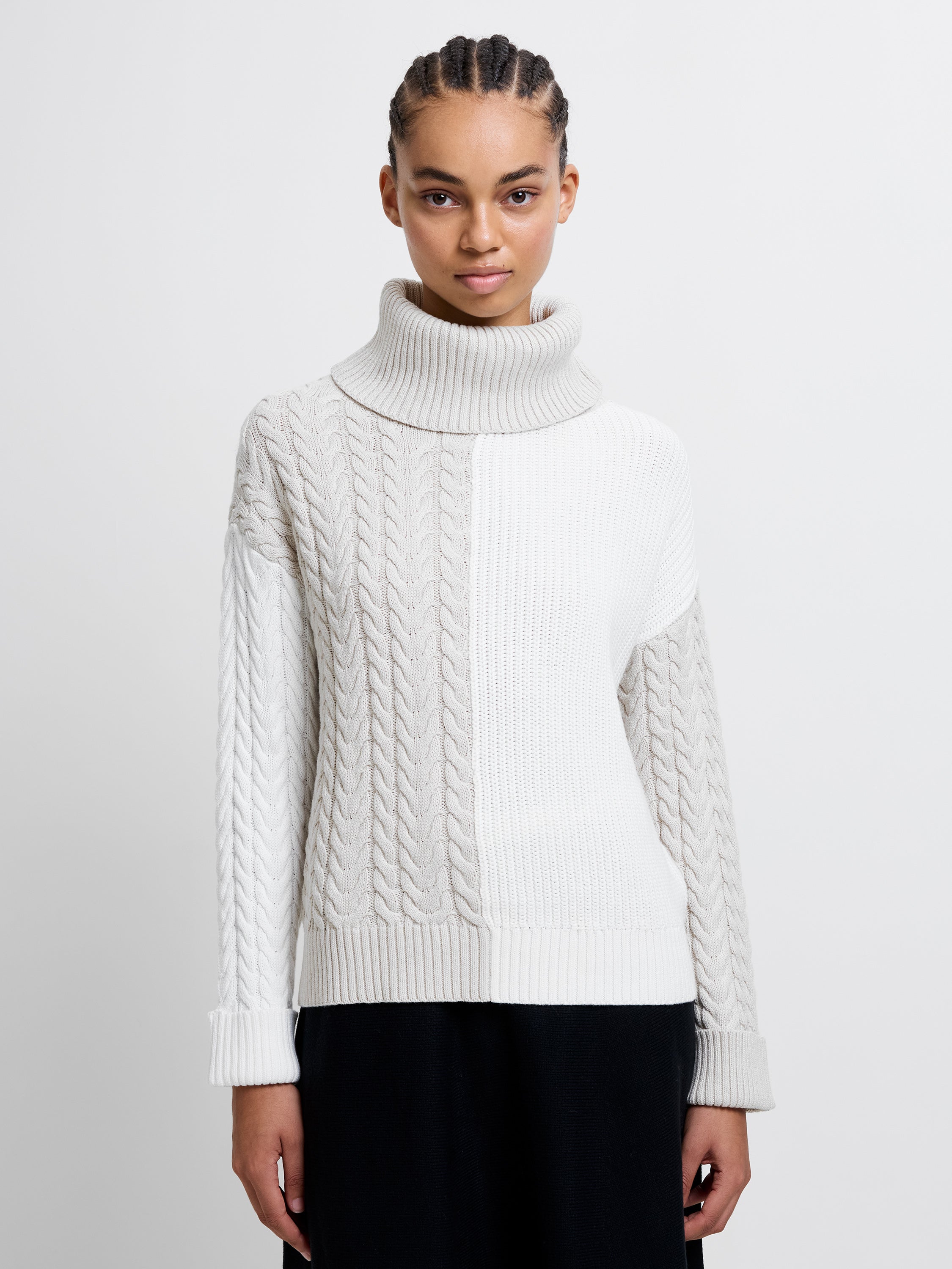 Mozart Roll Neck Cable Knit Block Jumper Light Oatmeal Mel