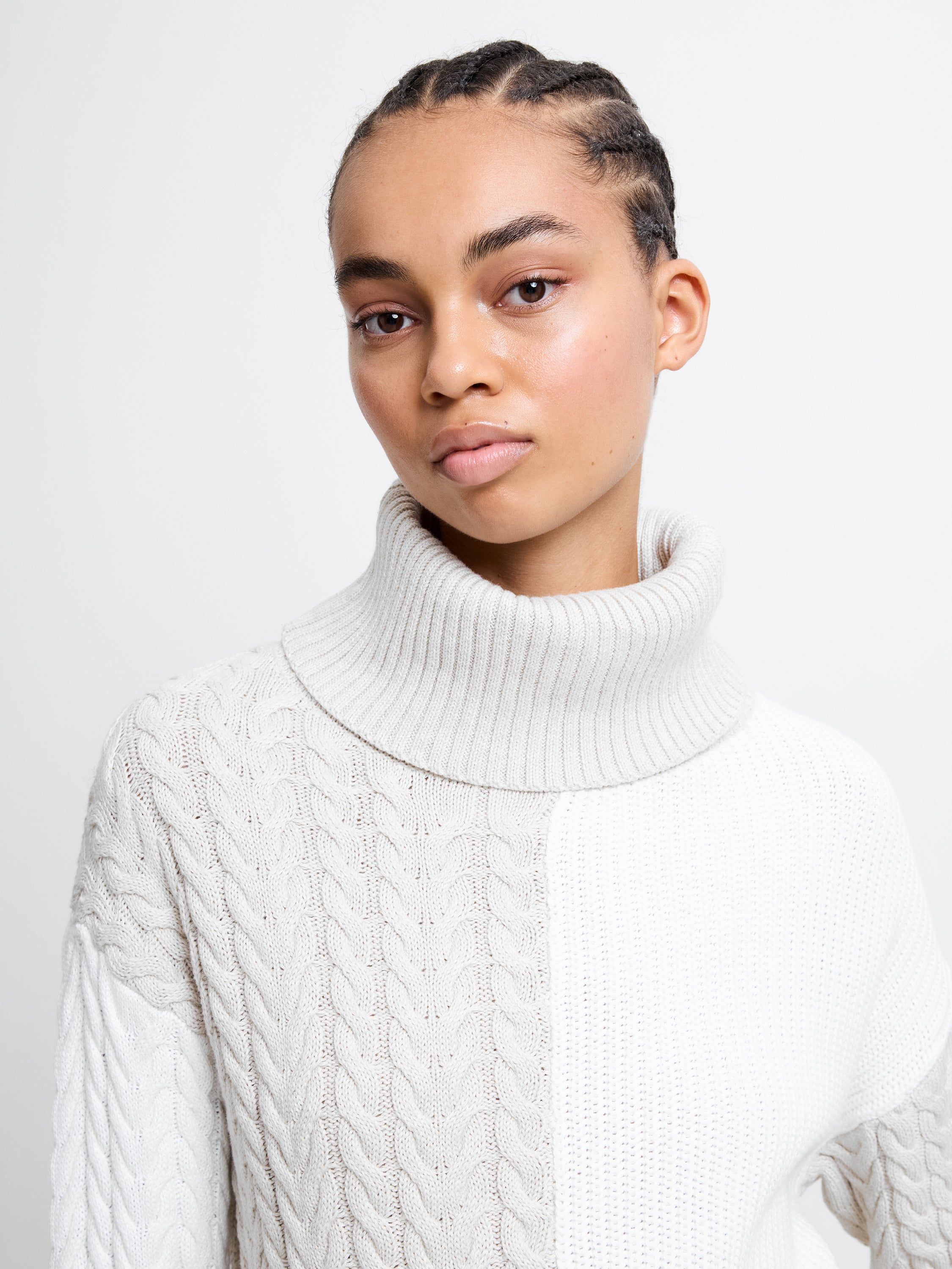 Mozart Roll Neck Cable Knit Block Jumper Light Oatmeal Mel