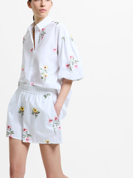 Cotton Floral Embroidered White Shorts