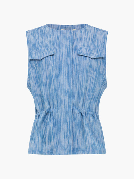 Bessie Textured Blue Denim Cinched Waistcoat Top