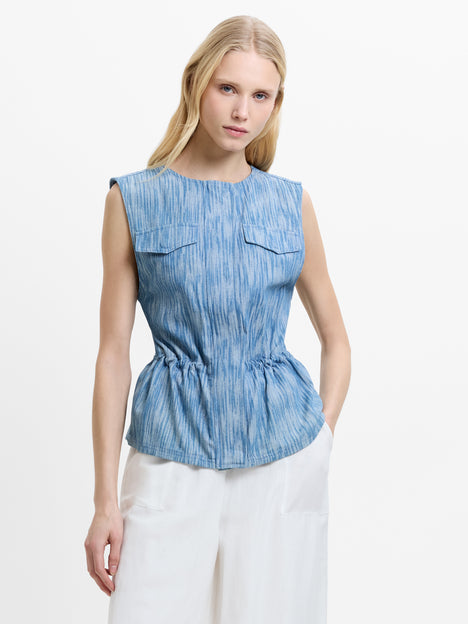 Bessie Textured Blue Denim Cinched Waistcoat Top