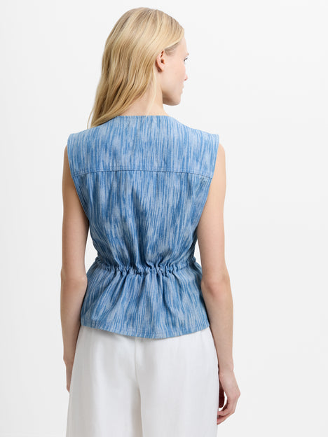 Bessie Textured Blue Denim Cinched Waistcoat Top