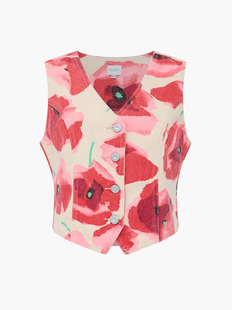 Poppy Red Floral Printed Denim Waistcoat
