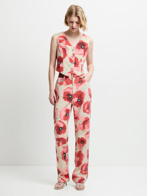 Poppy Red Floral Printed Denim Waistcoat