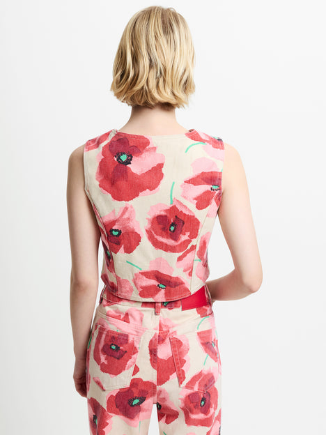 Poppy Red Floral Printed Denim Waistcoat
