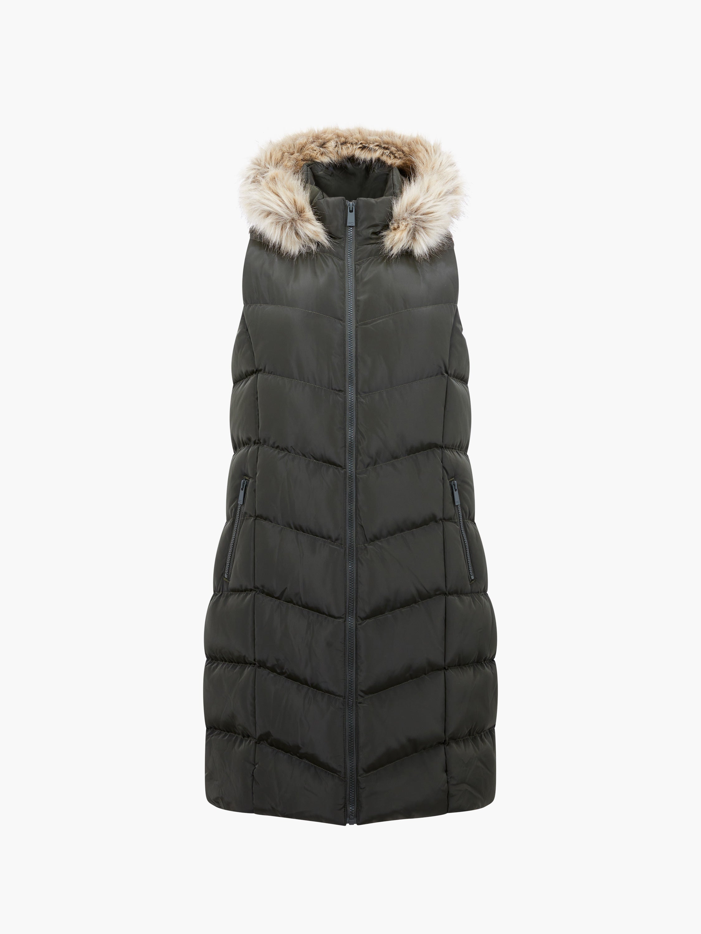 Faux Fur Hooded Chevron Gilet Khaki French Connection UK
