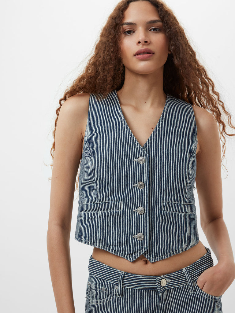 Everett Stripe Denim Waistcoat Indigo/White Denim | French