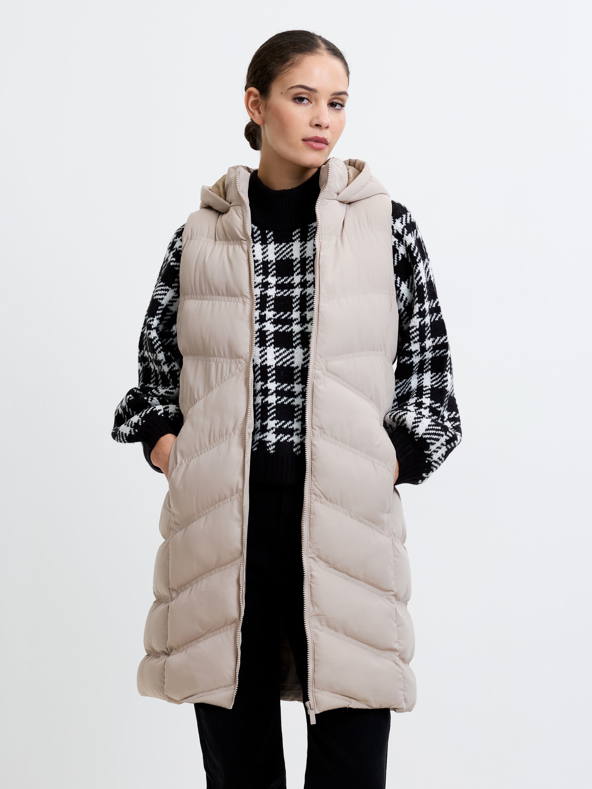 Hooded Chevron Row Gilet Putty Beige | French Connection UK
