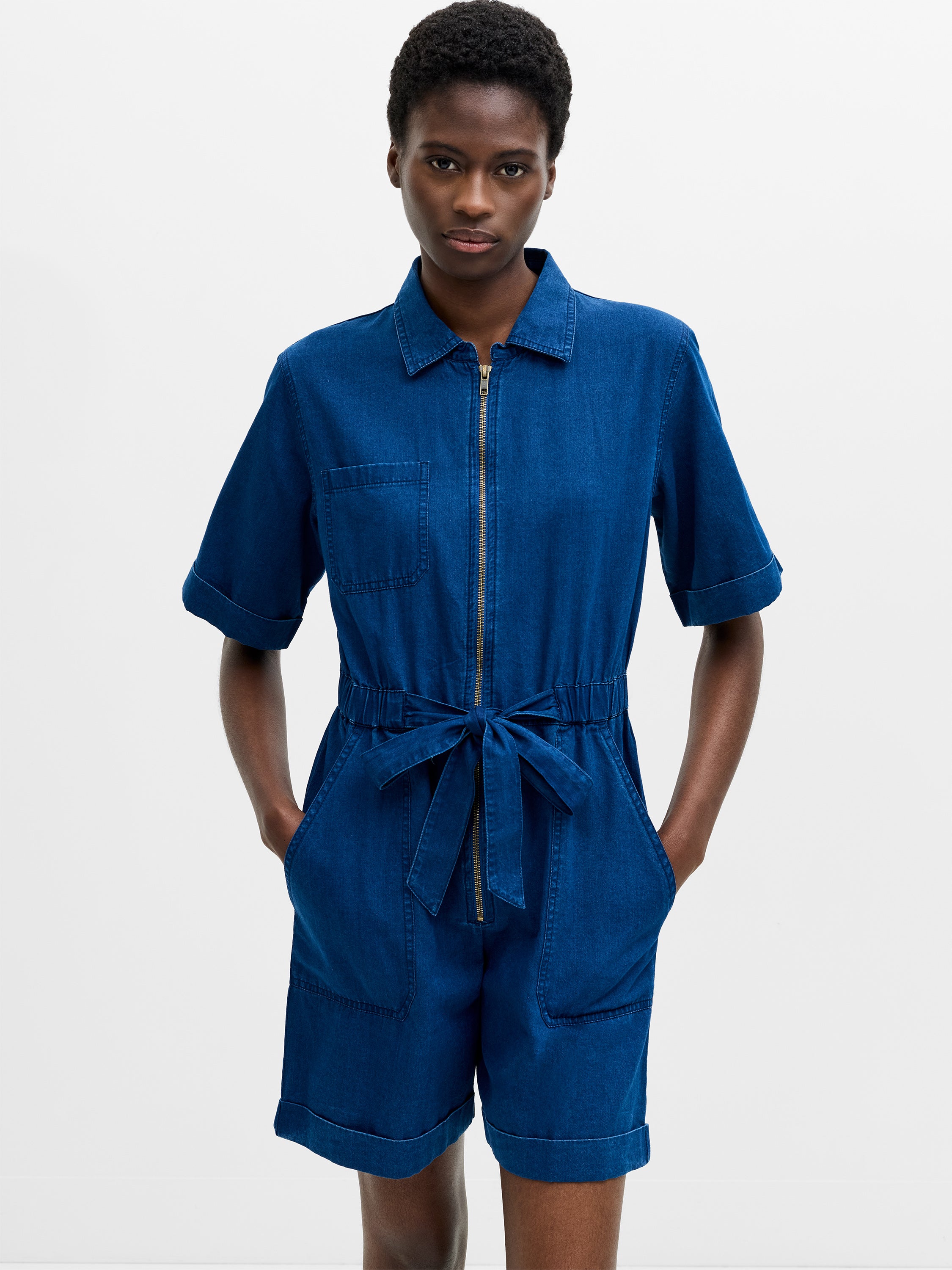 Chambray Denim Zip-Up Playsuit Mid Wash Chambray Blue | French